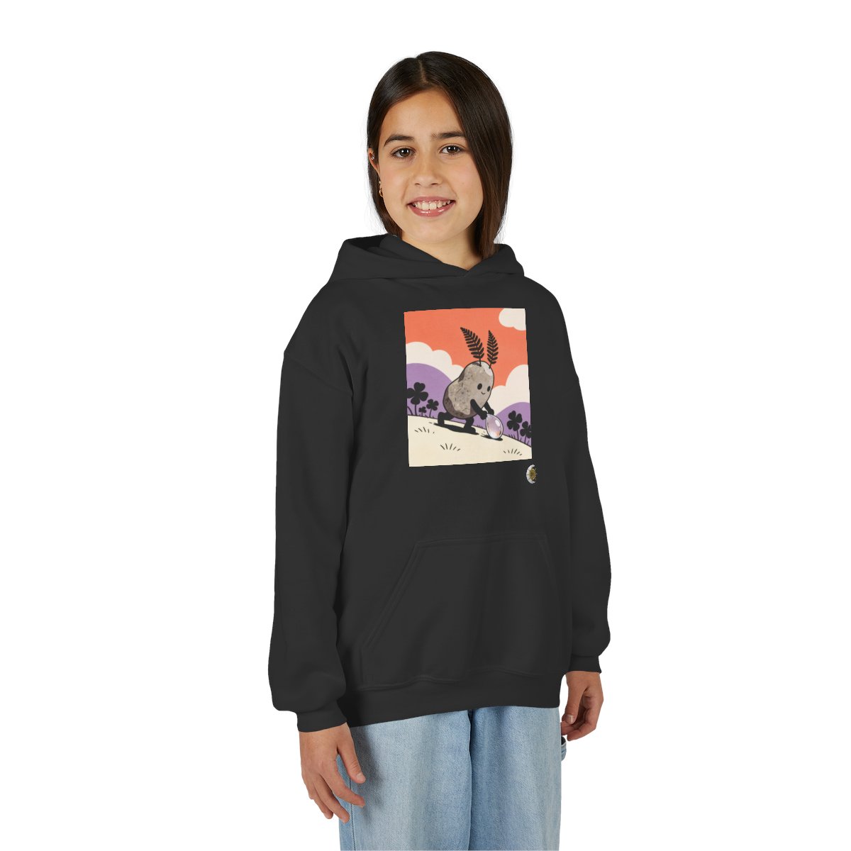 HD Pebble Gardener Youth Pullover Hoodie in Black, front view on a model.