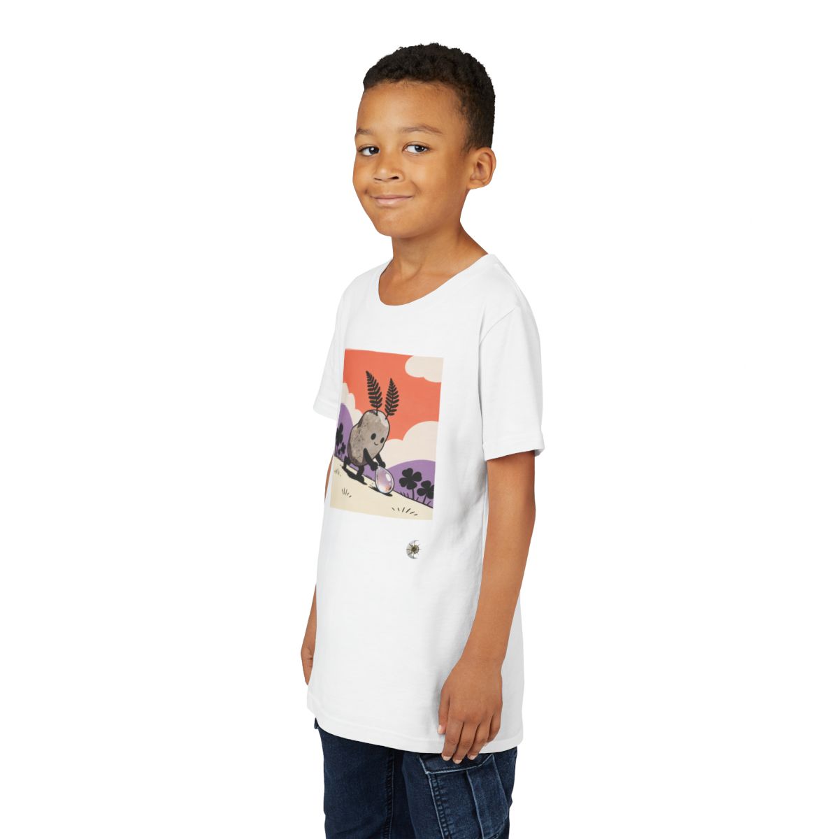 HD Pebble Gardener Youth Short Sleeve Tee in White, front view on a model.