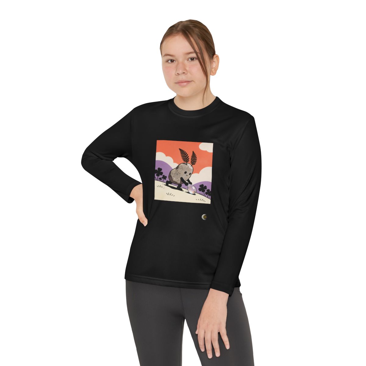 HD Pebble Gardener Youth Long Sleeve Competitor Tee in Black, front view on a model.