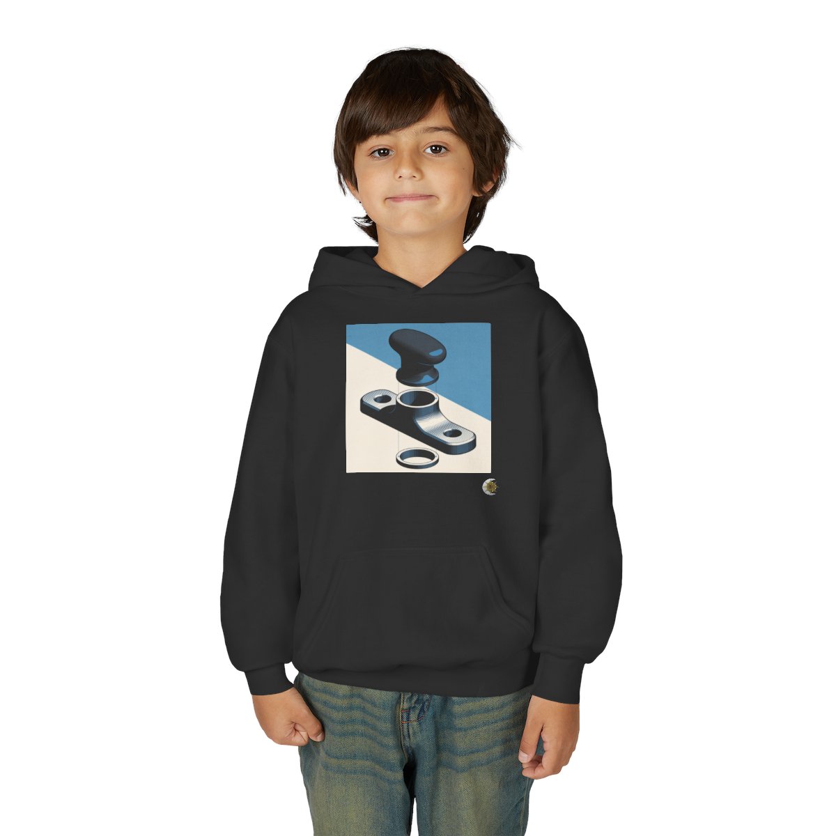 HD Workshop Forms Youth Pullover Hoodie in Black, front view on a model.