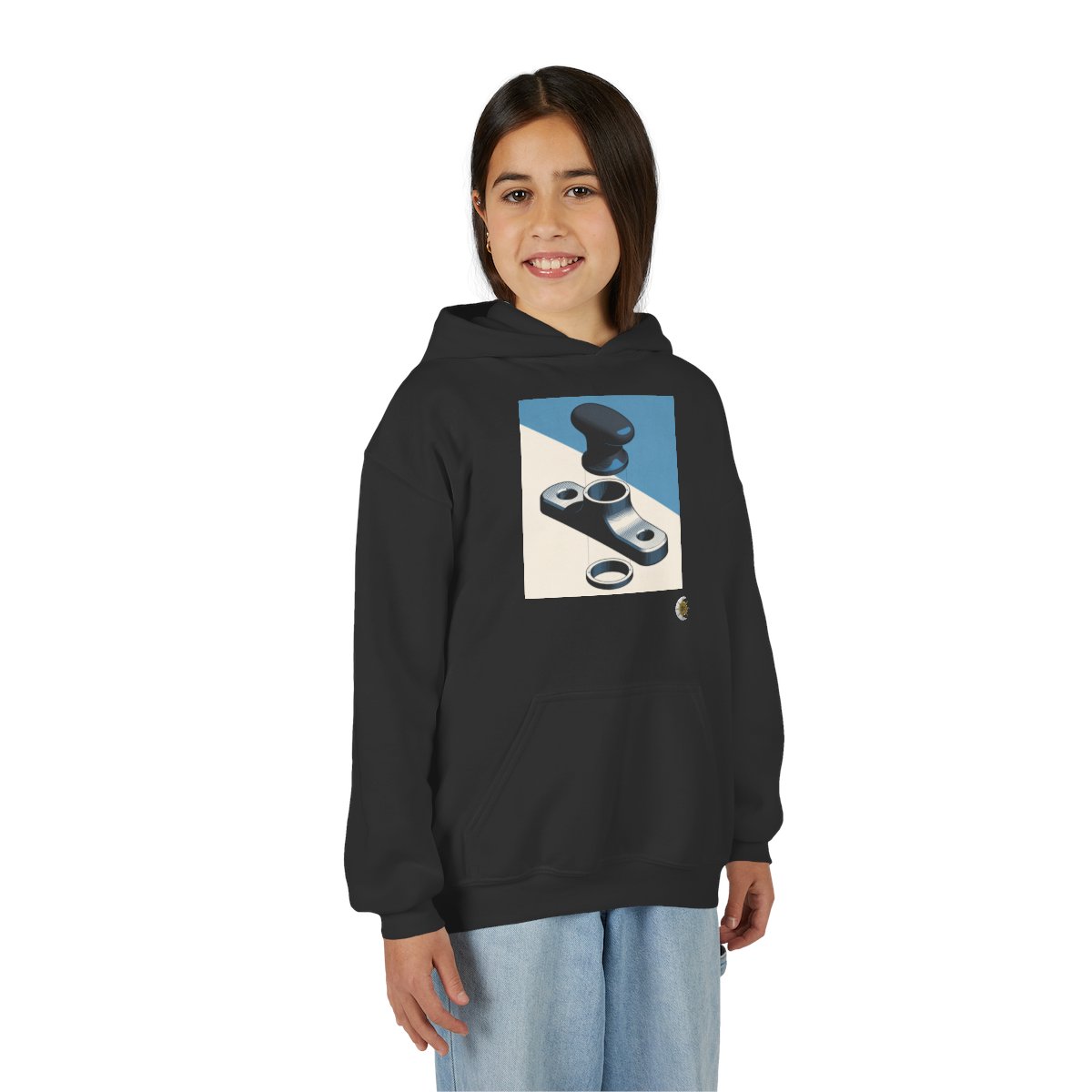 HD Workshop Forms Youth Pullover Hoodie in Black, front view on a model.