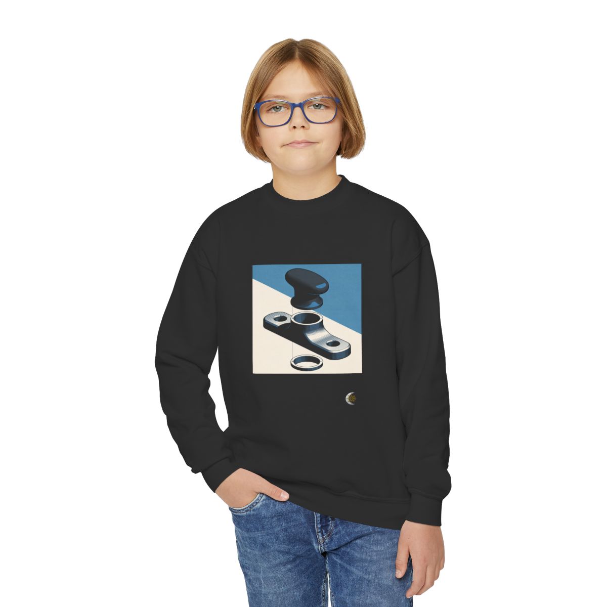 HD Workshop Forms Youth Crewneck Sweatshirt in Black, front view on a model.
