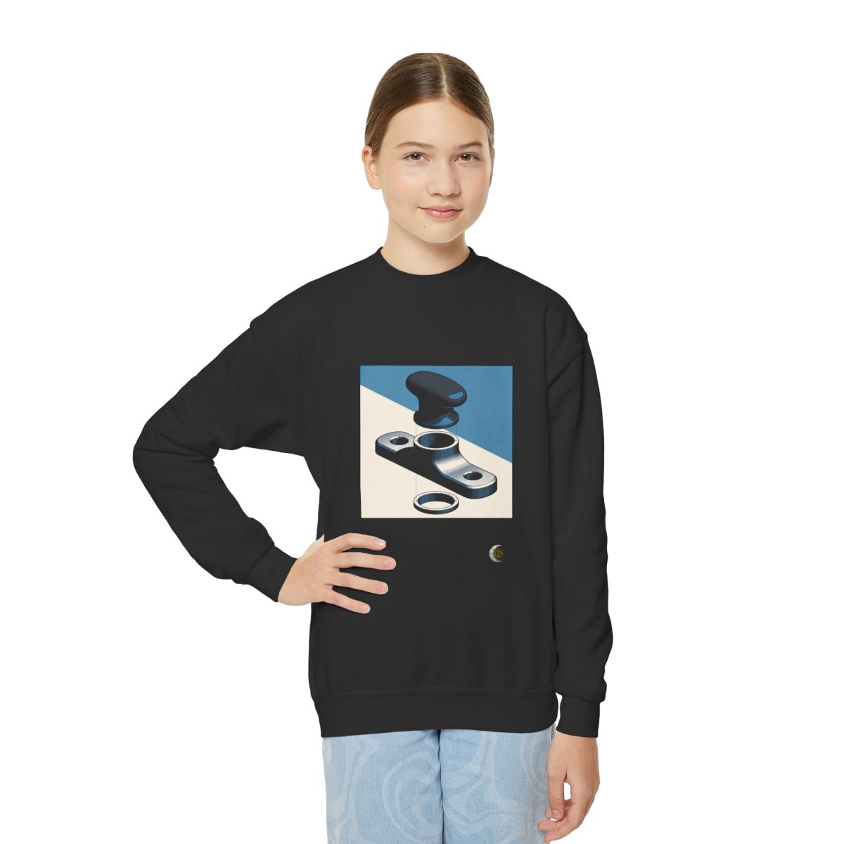 HD Workshop Forms Youth Crewneck Sweatshirt in Black, front view on a model.