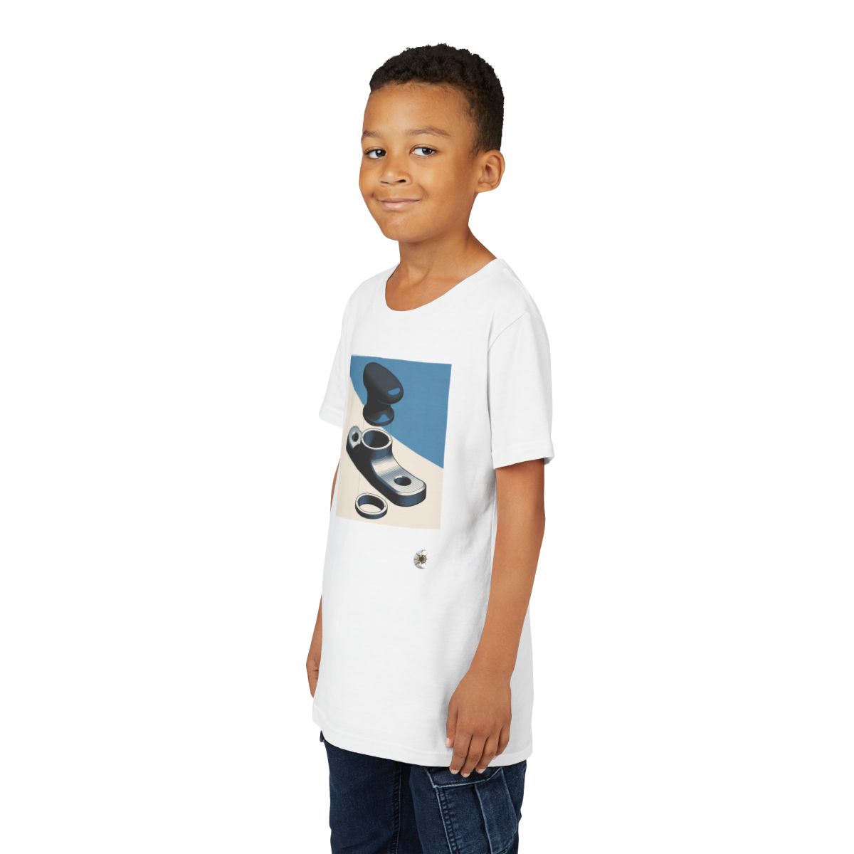 HD Workshop Forms Youth Short Sleeve Tee in White, front view on a model.