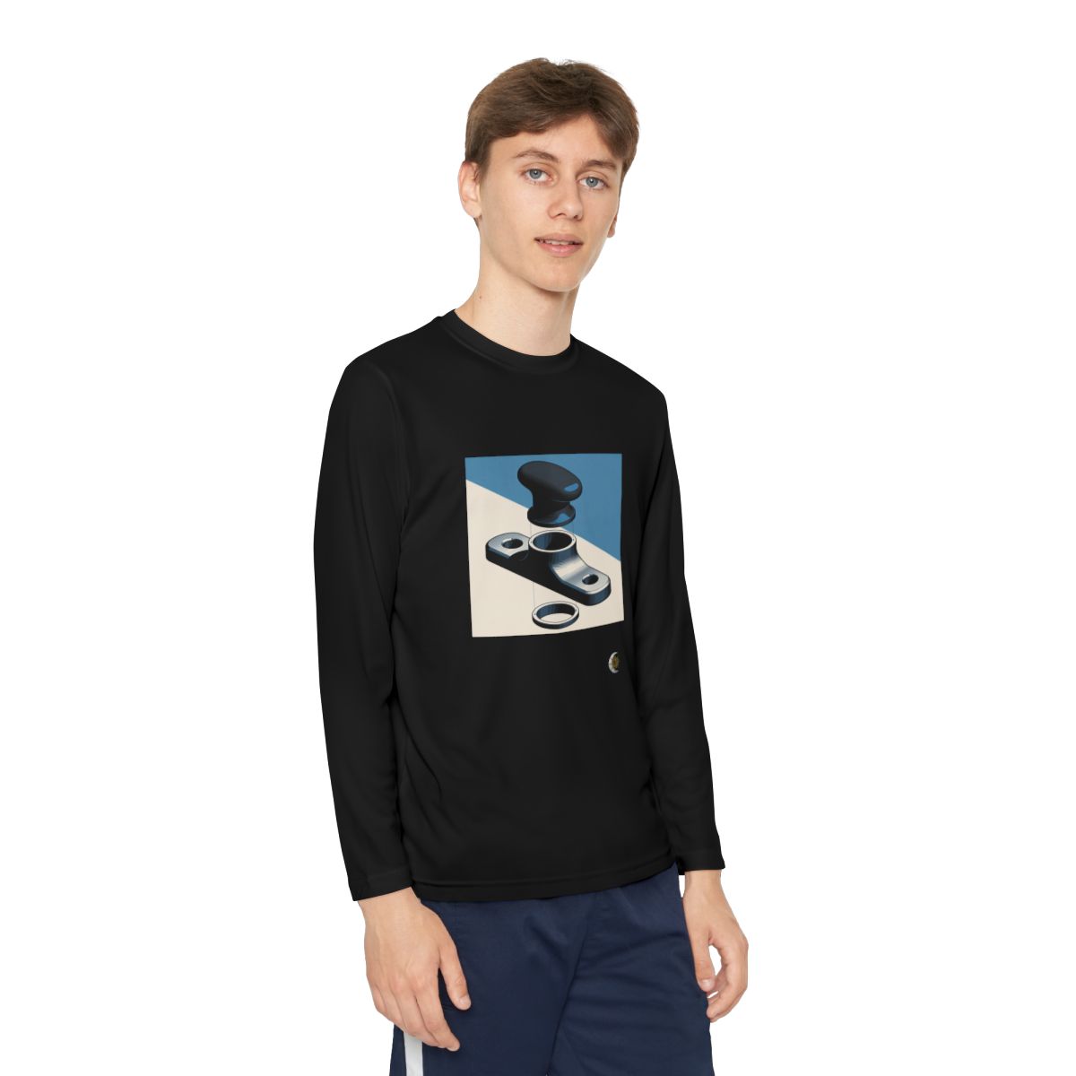 HD Workshop Forms Youth Long Sleeve Competitor Tee in Black, front view on a model.