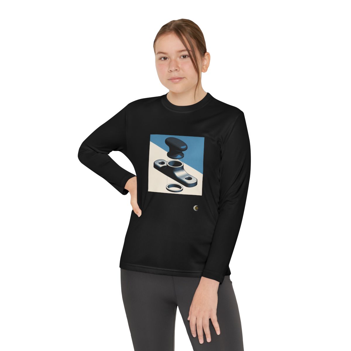 HD Workshop Forms Youth Long Sleeve Competitor Tee in Black, front view on a model.