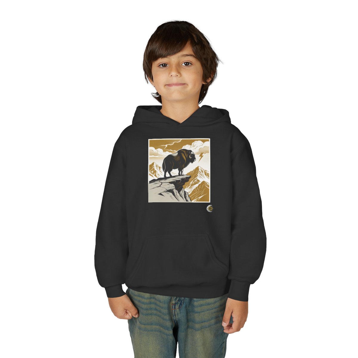 HD Thunder Ridge Youth Pullover Hoodie in Black, front view on a model.