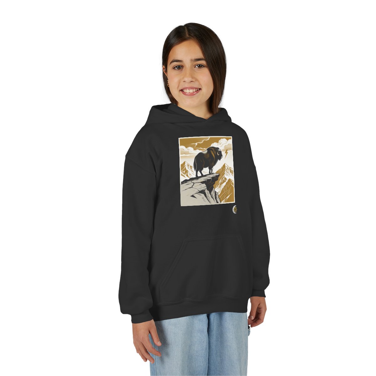 HD Thunder Ridge Youth Pullover Hoodie in Black, front view on a model.