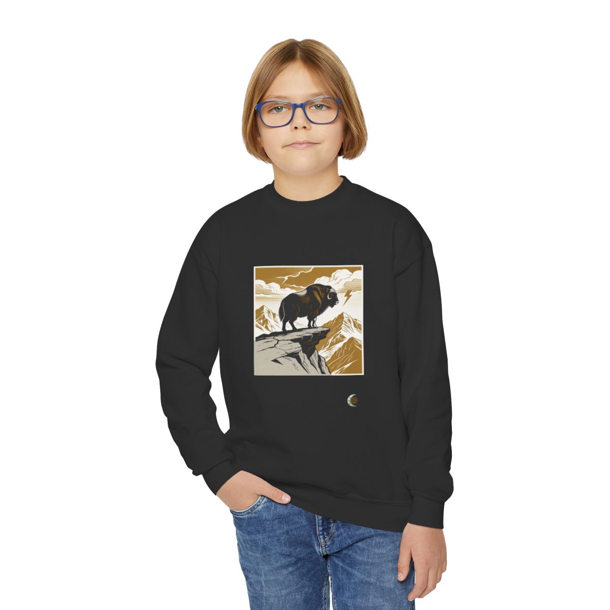HD Thunder Ridge Youth Crewneck Sweatshirt in Black, front view on a model.