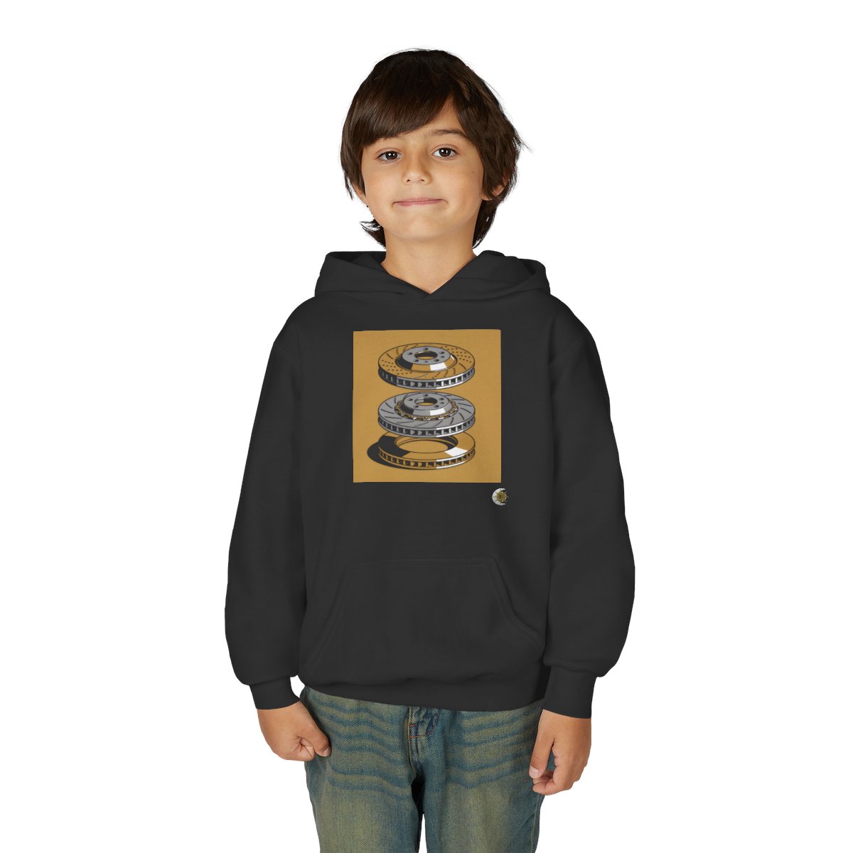 HD Rotor Stack Youth Pullover Hoodie in Black, front view on a model.