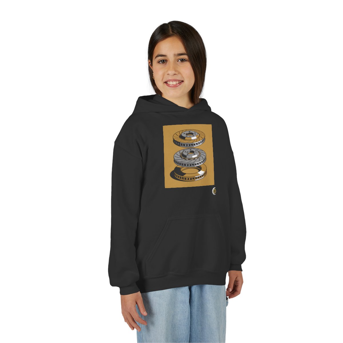 HD Rotor Stack Youth Pullover Hoodie in Black, front view on a model.