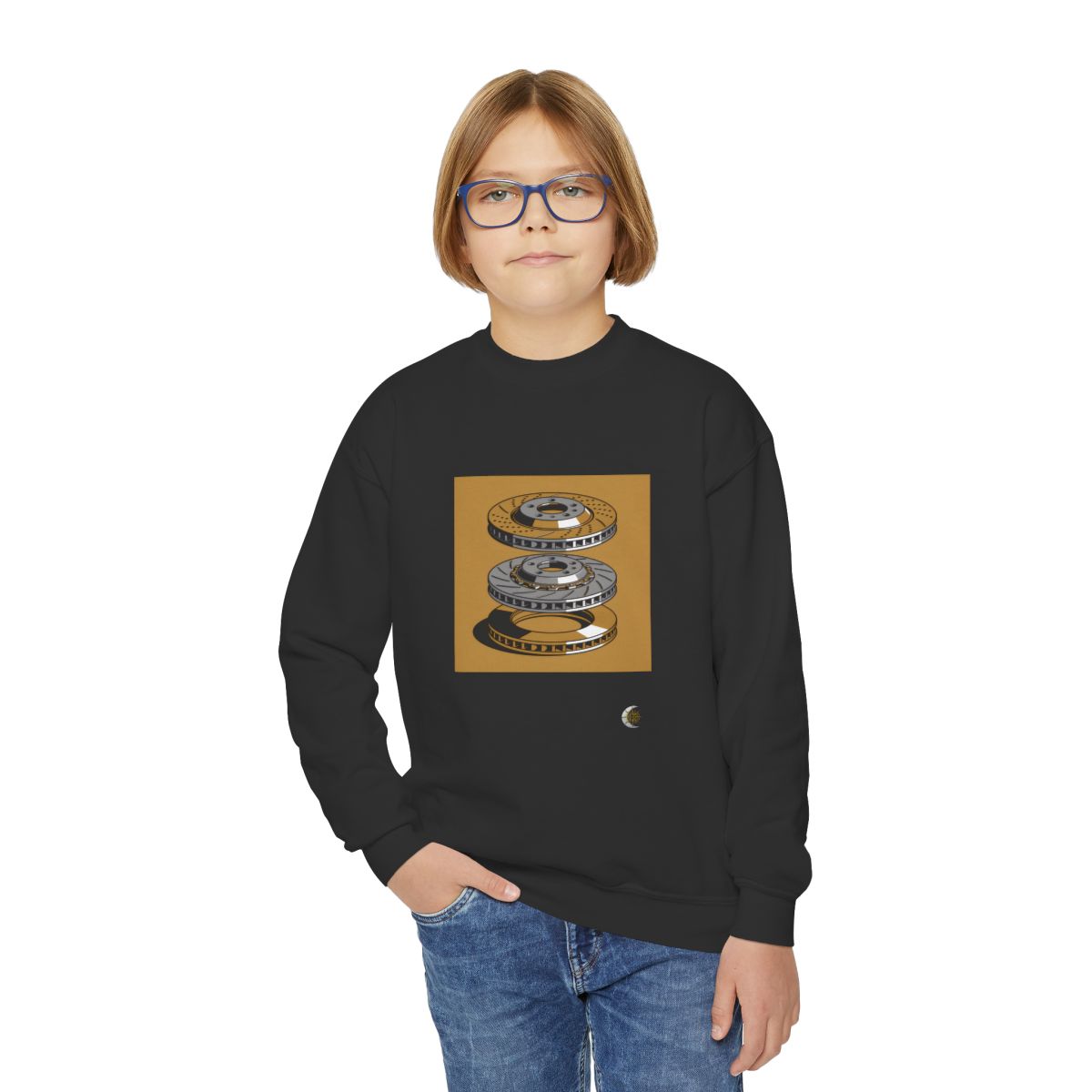 HD Rotor Stack Youth Crewneck Sweatshirt in Black, front view on a model.