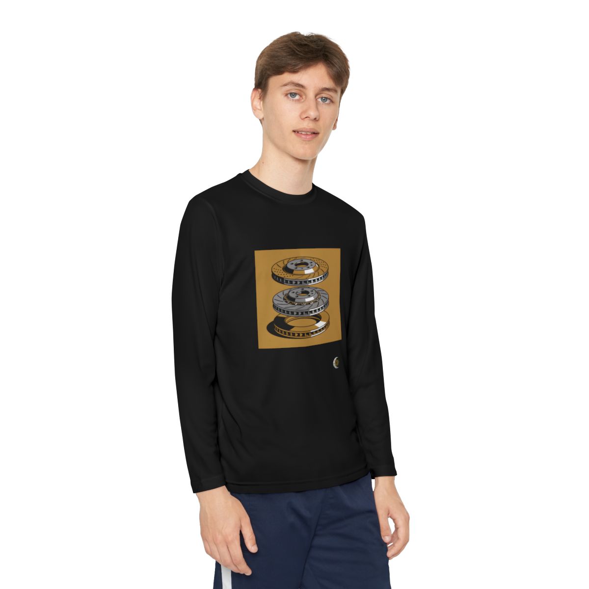 HD Rotor Stack Youth Long Sleeve Competitor Tee in Black, front view on a model.