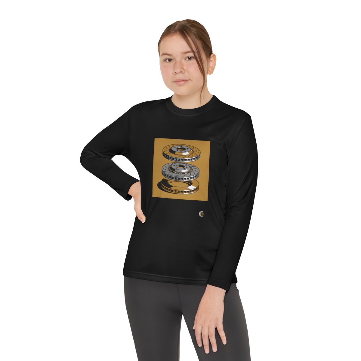 HD Rotor Stack Youth Long Sleeve Competitor Tee in Black, front view on a model.