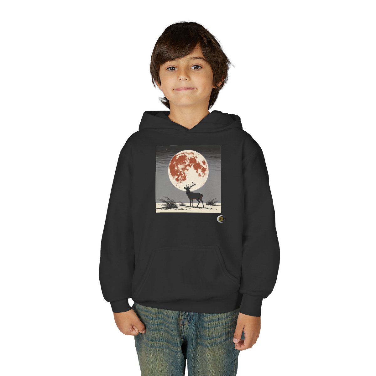 HD Copper Moon Stag Youth Pullover Hoodie in Black, front view on a model.