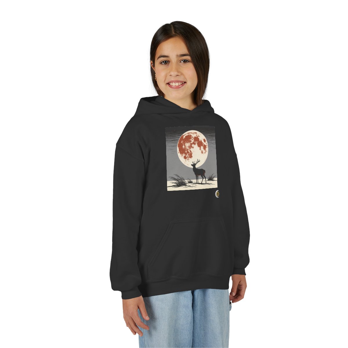 HD Copper Moon Stag Youth Pullover Hoodie in Black, front view on a model.