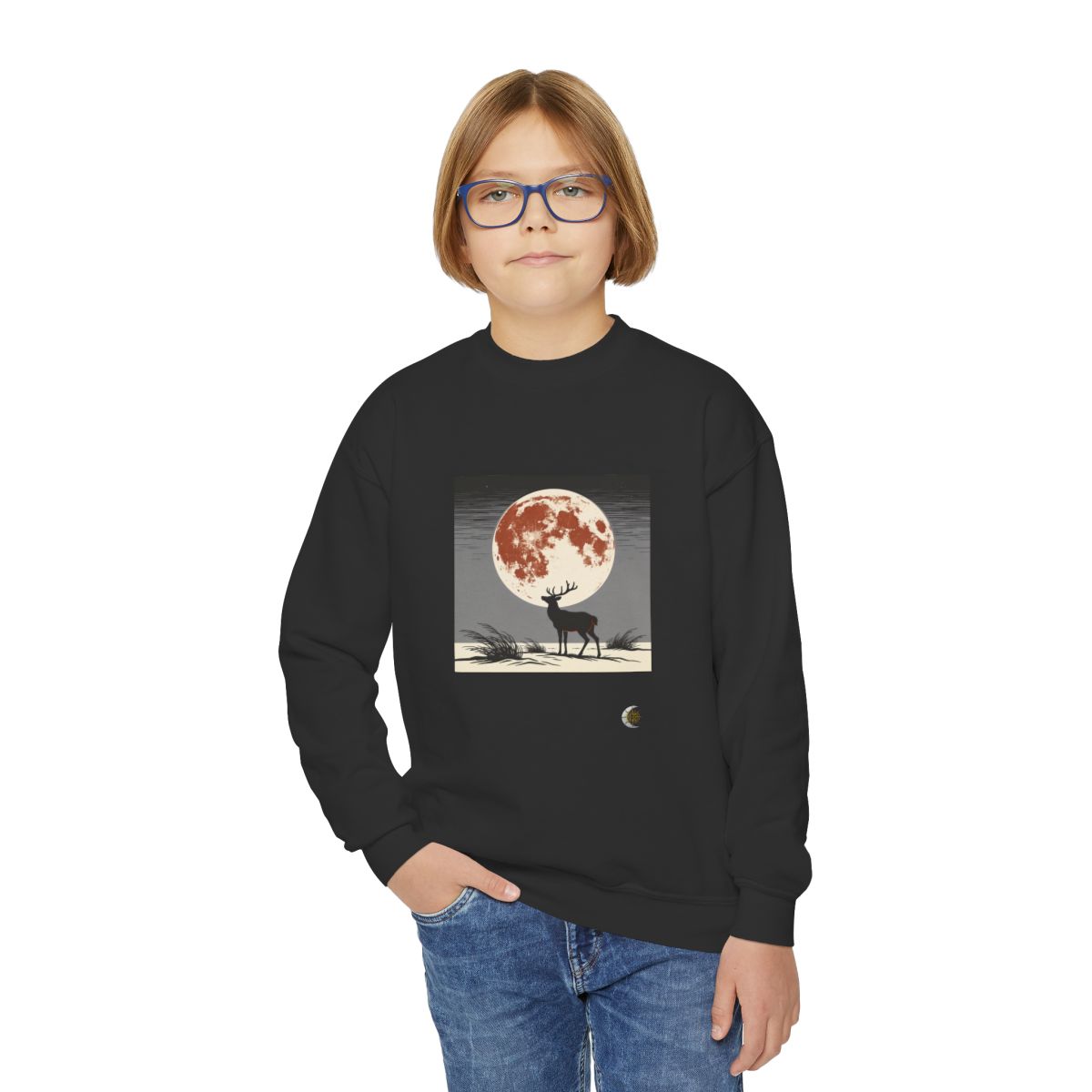 HD Copper Moon Stag Youth Crewneck Sweatshirt in Black, front view on a model.