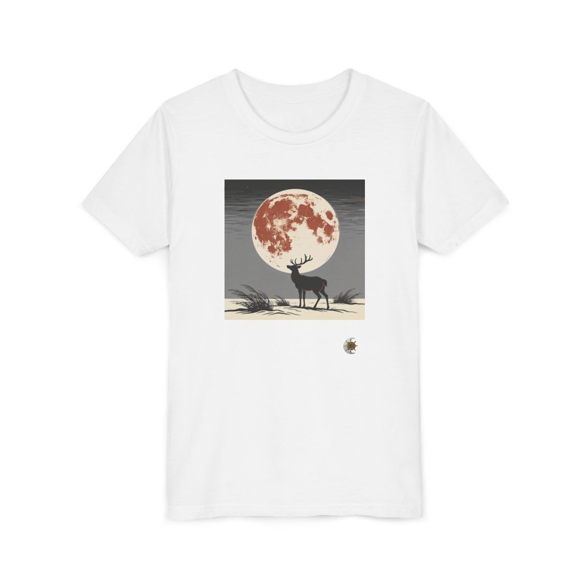 HD Copper Moon Stag Youth Short Sleeve Tee in White, front view laid flat.