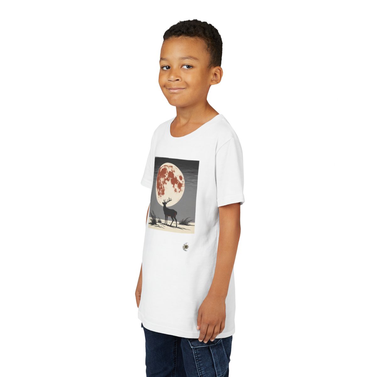 HD Copper Moon Stag Youth Short Sleeve Tee in White, front view on a model.