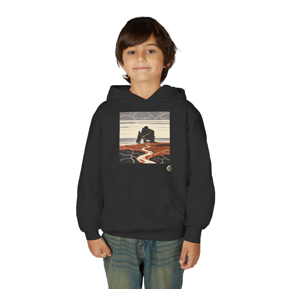 HD Copper Coast Arch Youth Pullover Hoodie in Black, front view on a model.