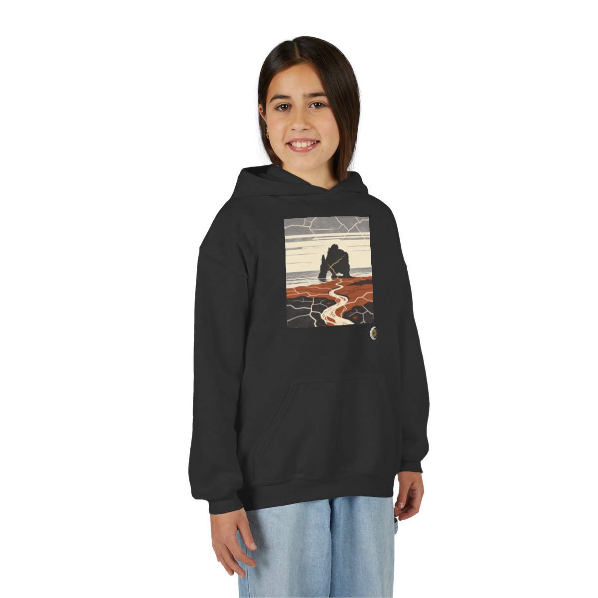 HD Copper Coast Arch Youth Pullover Hoodie in Black, front view on a model.
