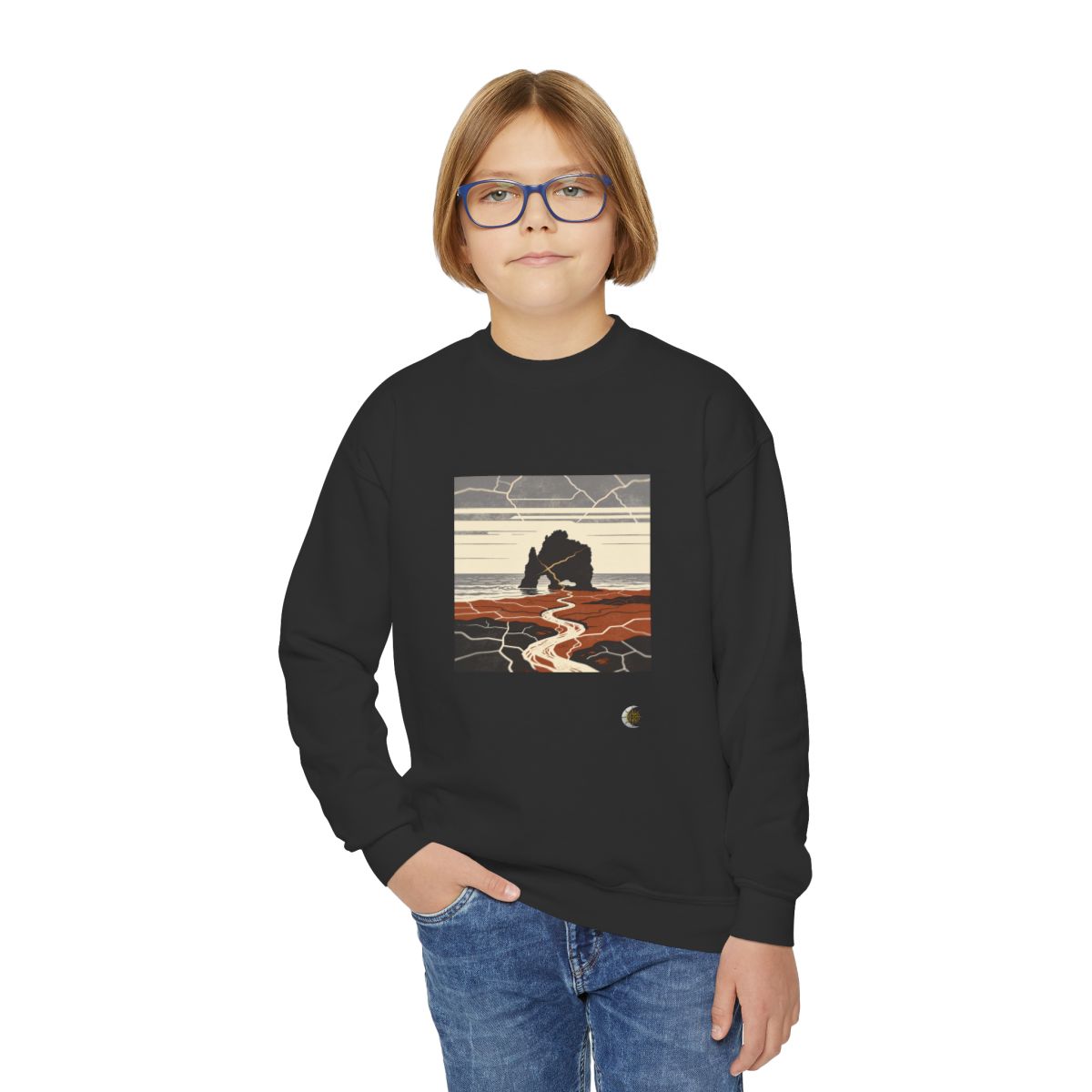 HD Copper Coast Arch Youth Crewneck Sweatshirt in Black, front view on a model.