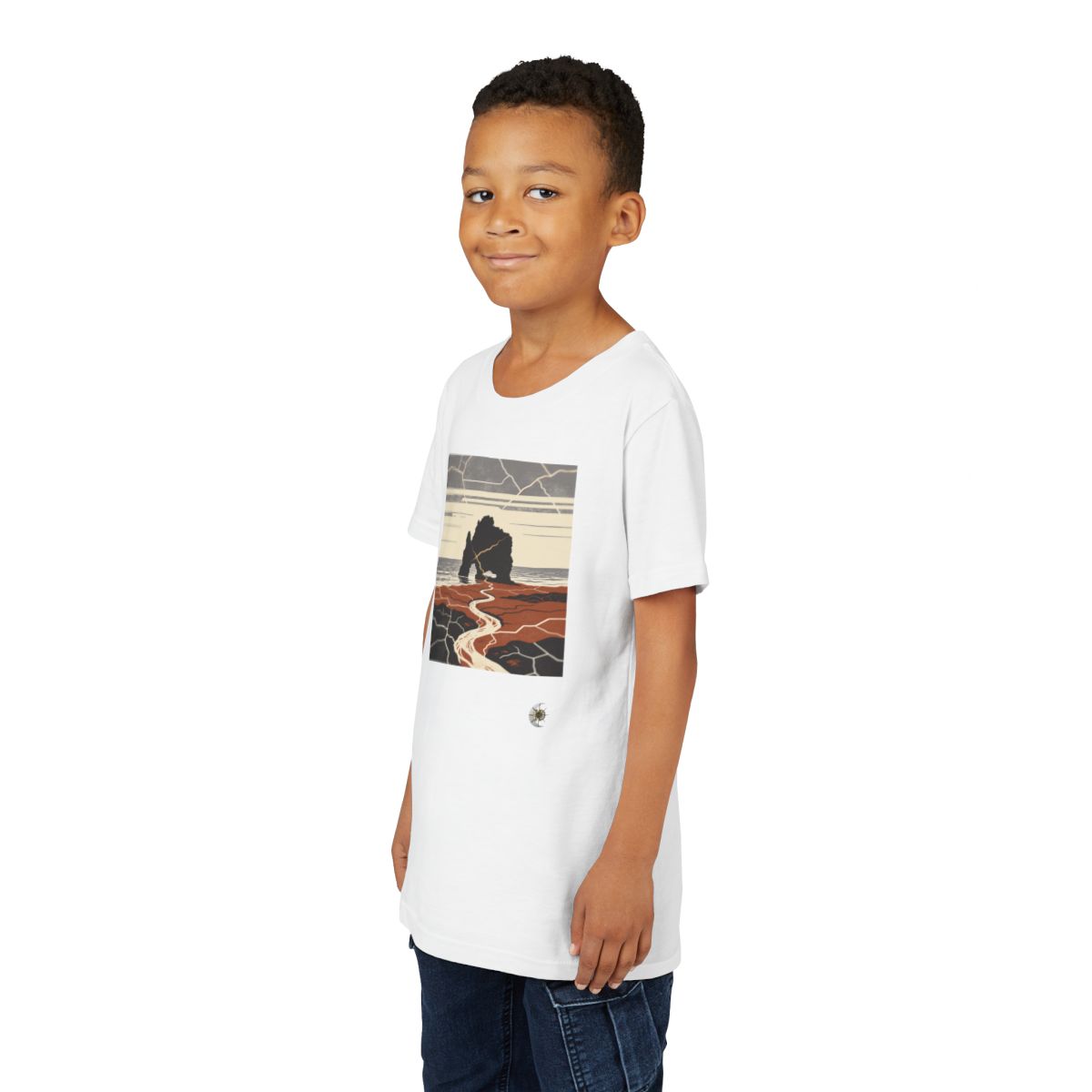 HD Copper Coast Arch Youth Short Sleeve Tee in White, front view on a model.