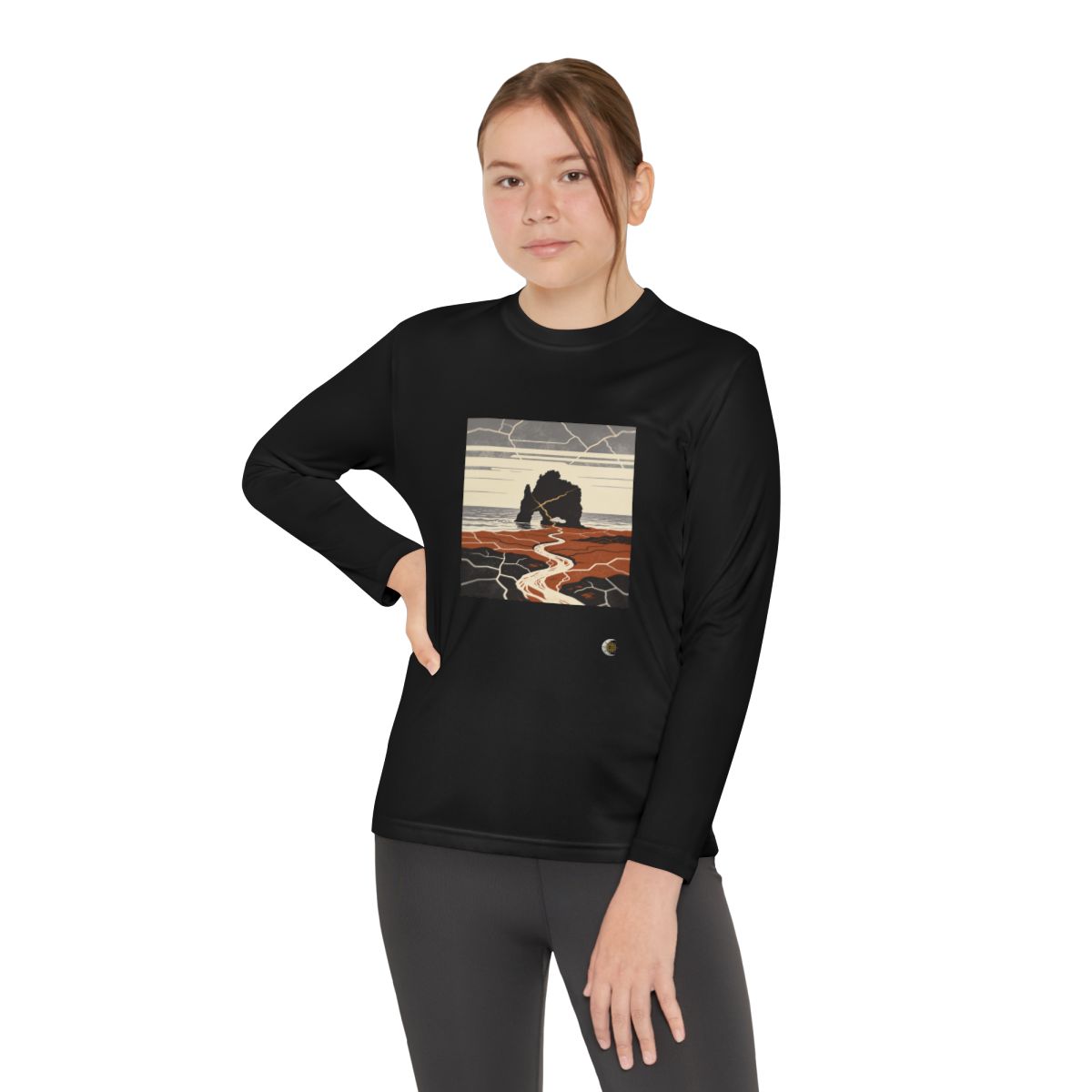 HD Copper Coast Arch Youth Long Sleeve Competitor Tee in Black, front view on a model.