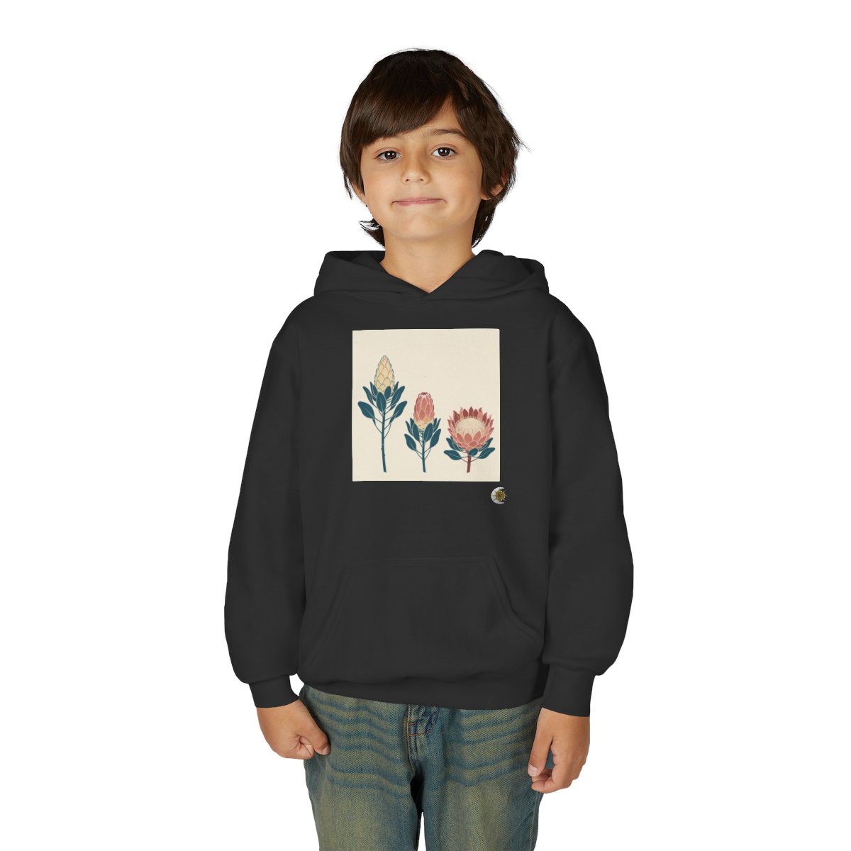 HD Protea Trio Youth Pullover Hoodie in Black, front view on a model.