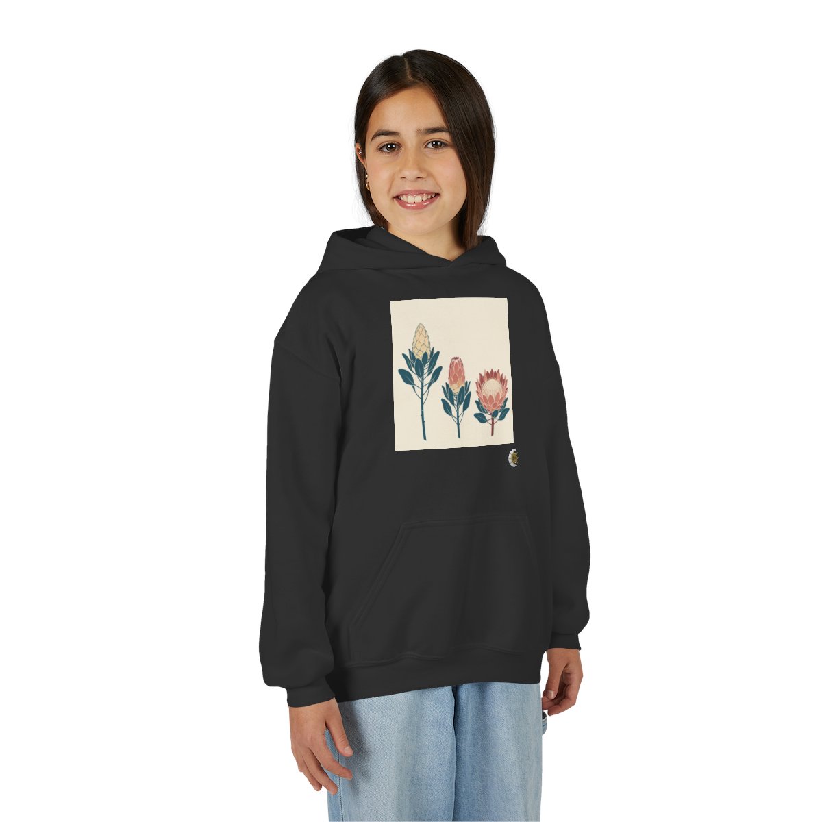 HD Protea Trio Youth Pullover Hoodie in Black, front view on a model.