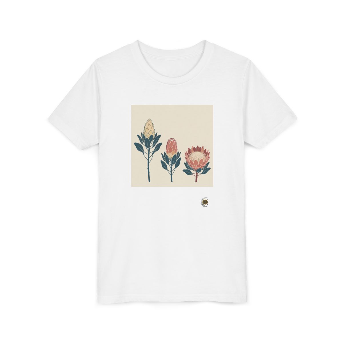 HD Protea Trio Youth Short Sleeve Tee in White, front view laid flat.