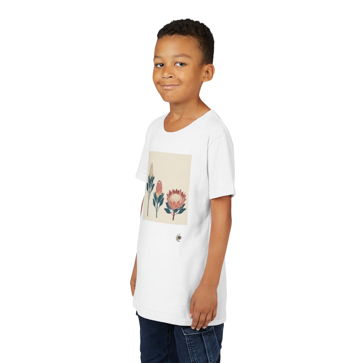 HD Protea Trio Youth Short Sleeve Tee in White, front view on a model.