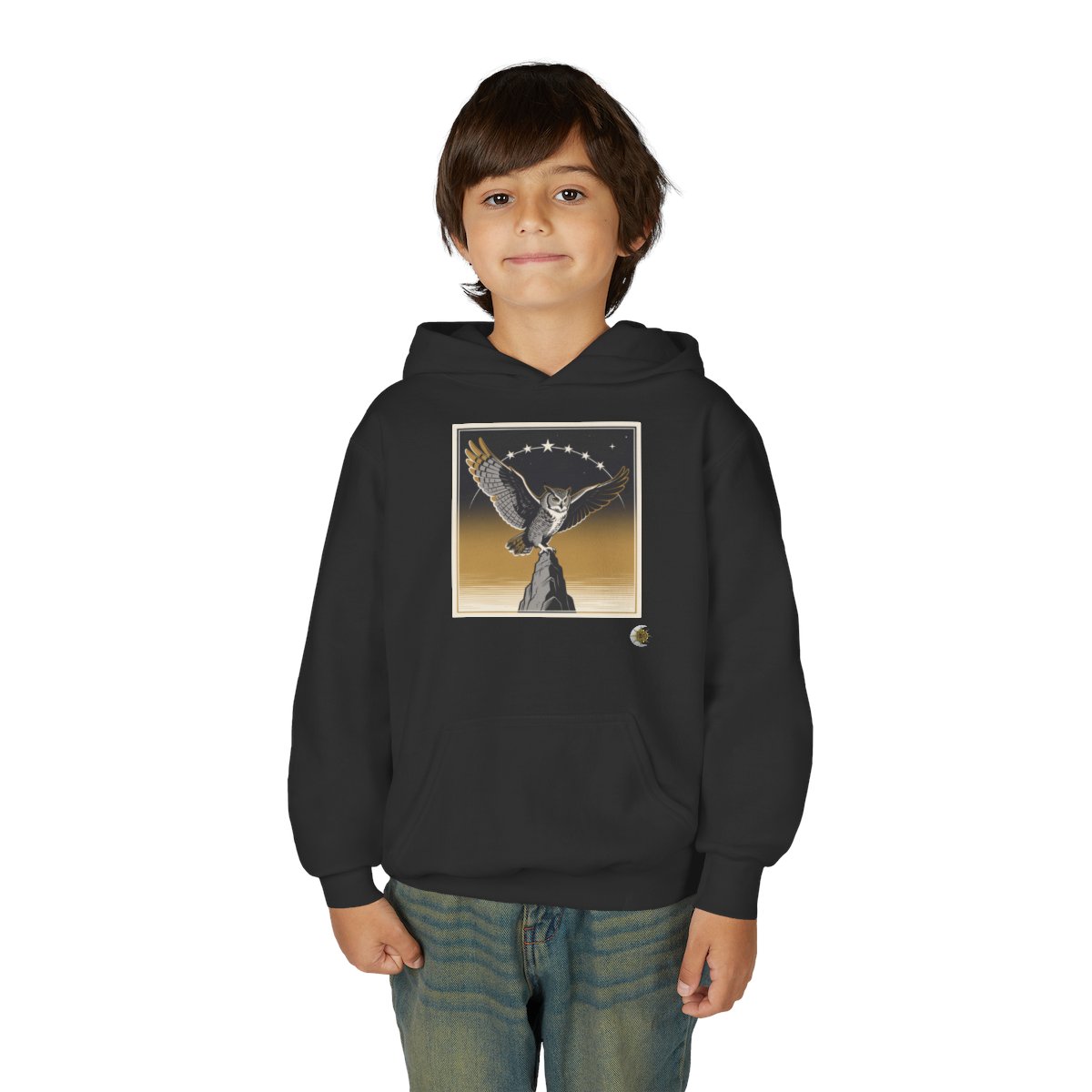 HD Golden Nightwatch Youth Pullover Hoodie in Black, front view on a model.