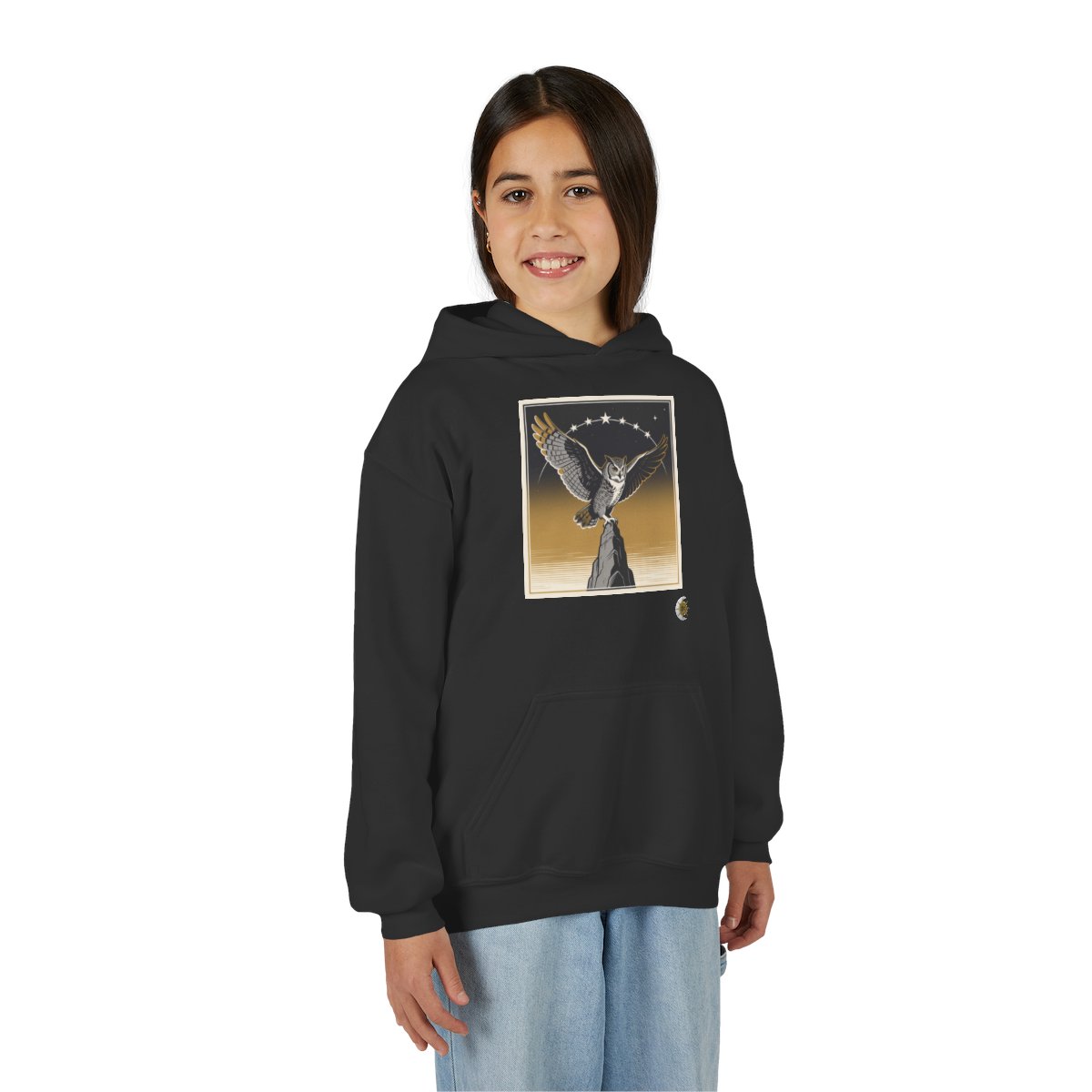HD Golden Nightwatch Youth Pullover Hoodie in Black, front view on a model.