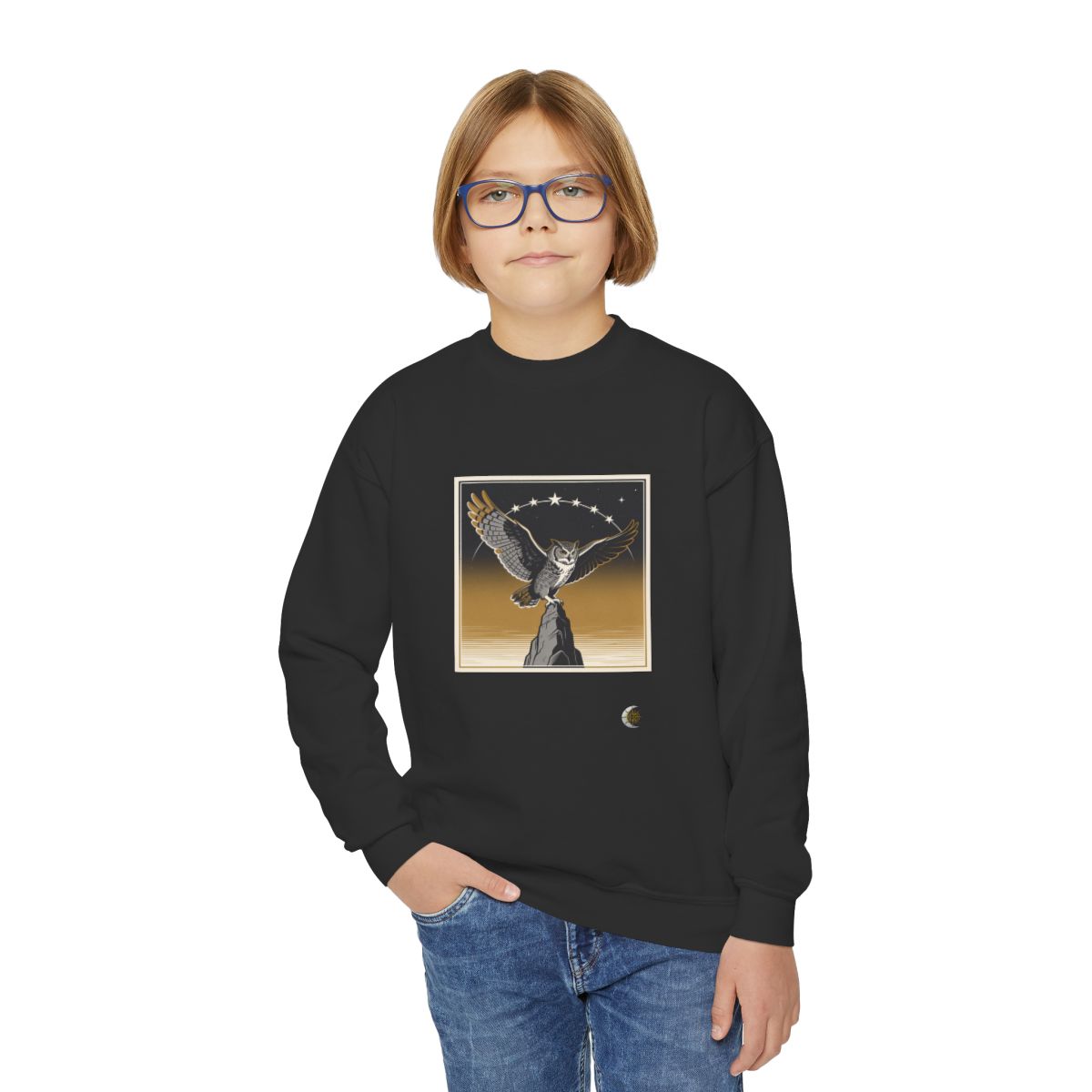 HD Golden Nightwatch Youth Crewneck Sweatshirt in Black, front view on a model.