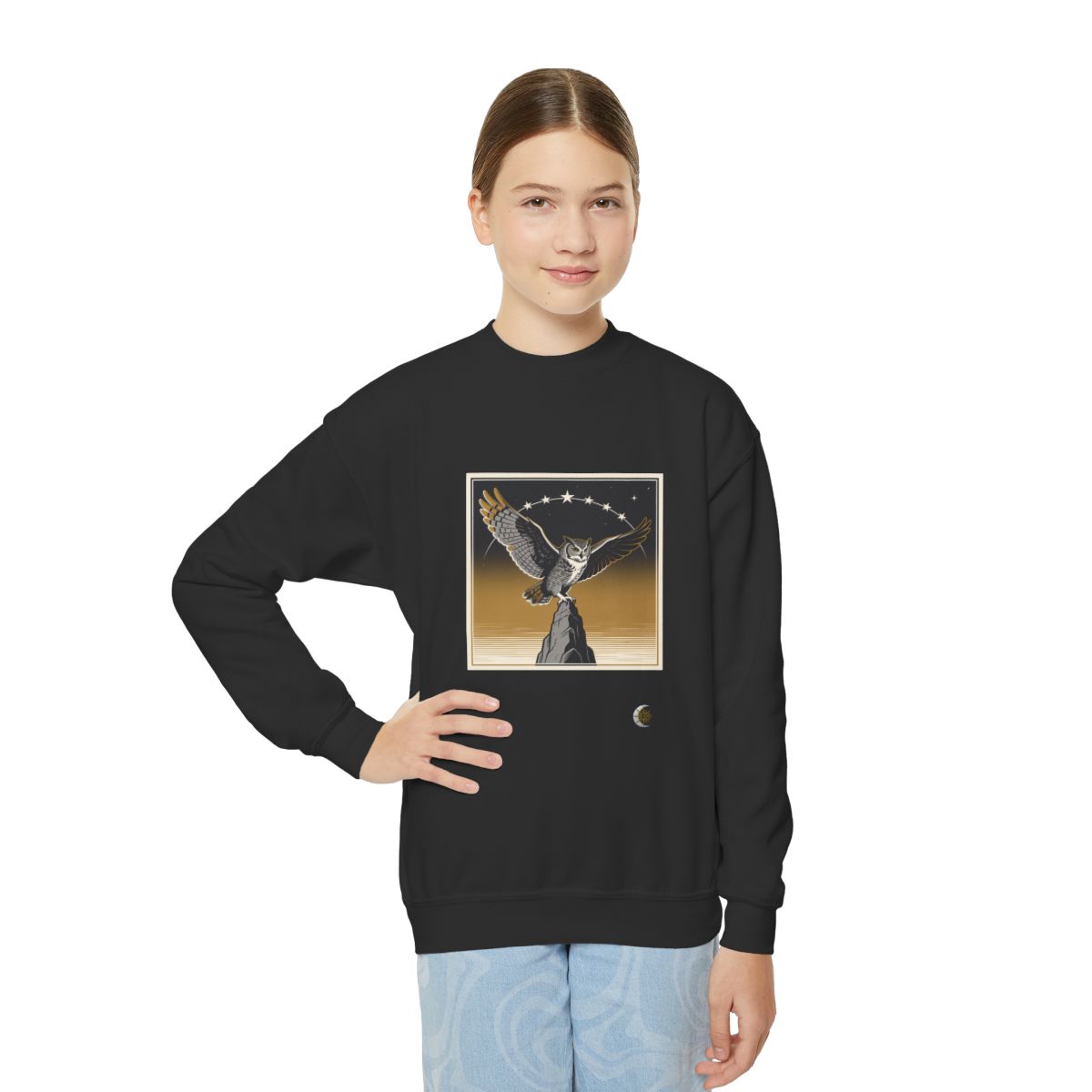 HD Golden Nightwatch Youth Crewneck Sweatshirt in Black, front view on a model.