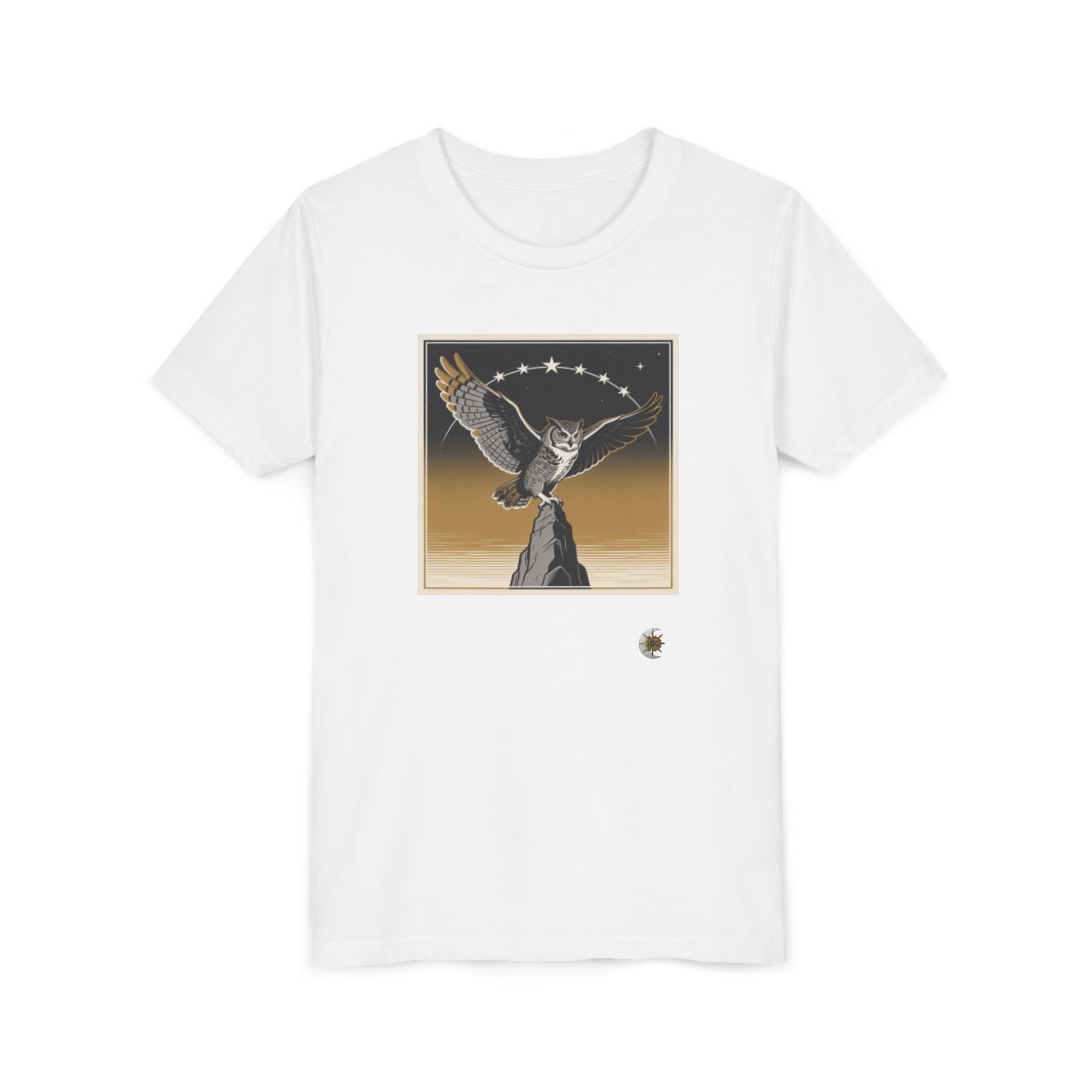 HD Golden Nightwatch Youth Short Sleeve Tee in White, front view laid flat.