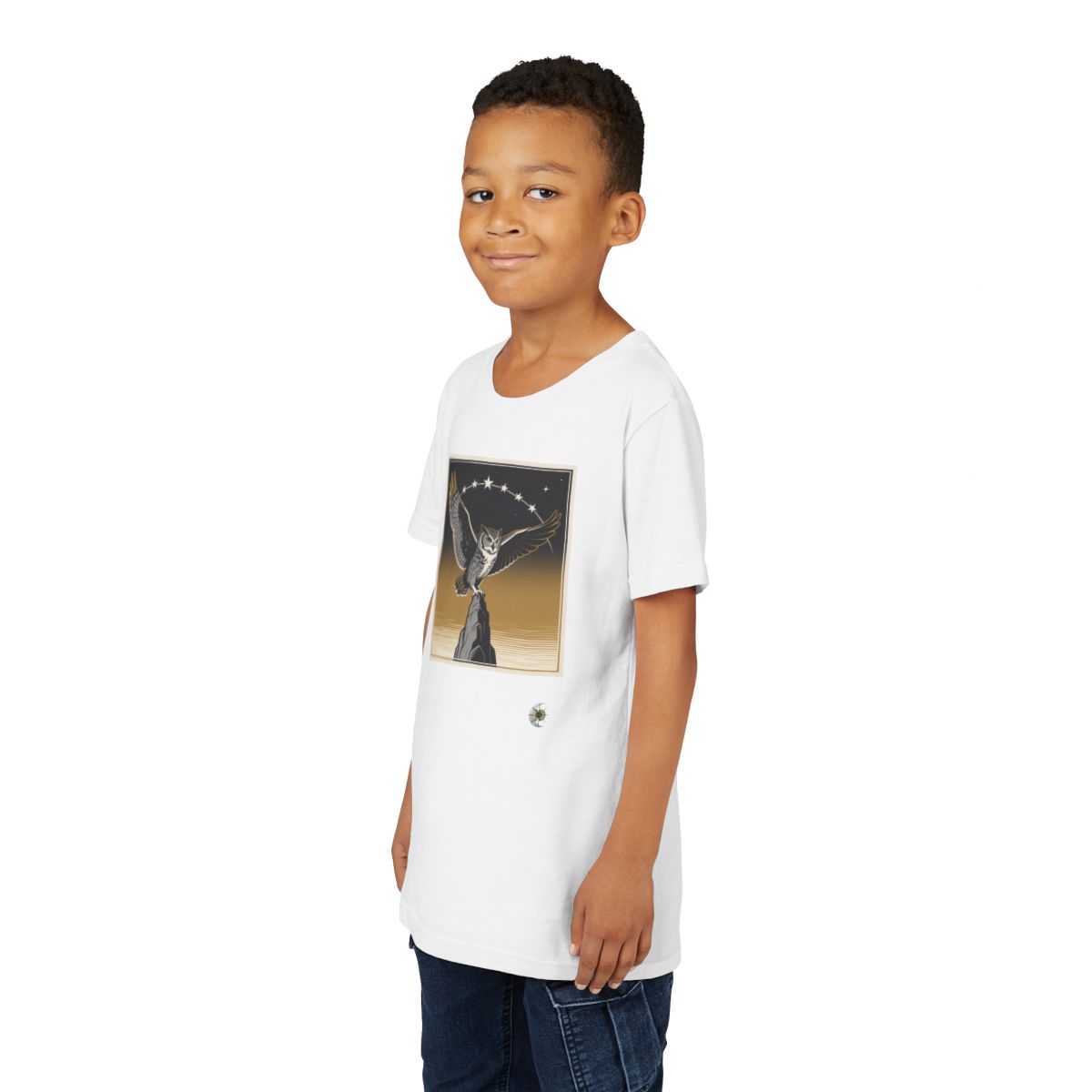 HD Golden Nightwatch Youth Short Sleeve Tee in White, front view on a model.