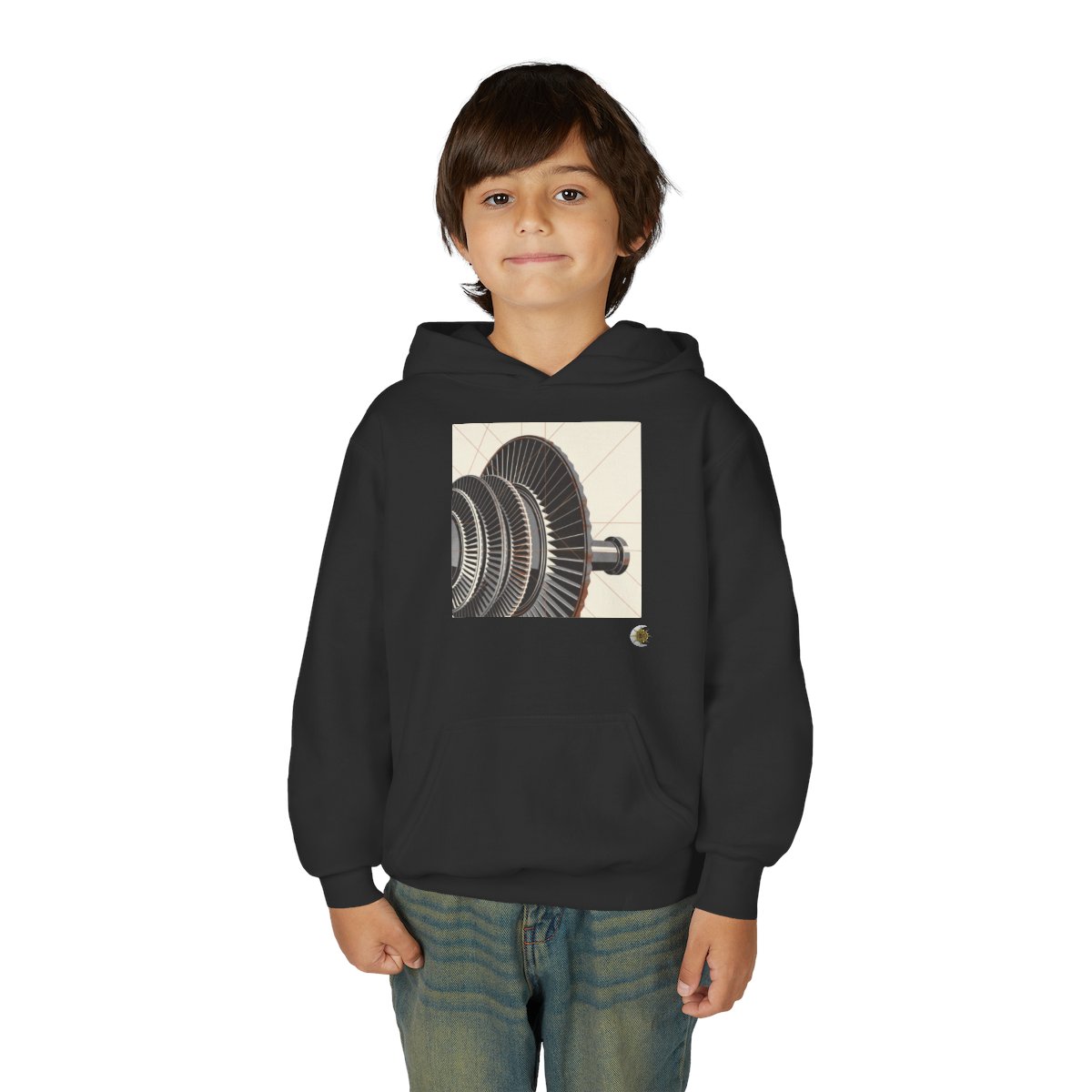 HD Copper Turbine Youth Pullover Hoodie in Black, front view on a model.