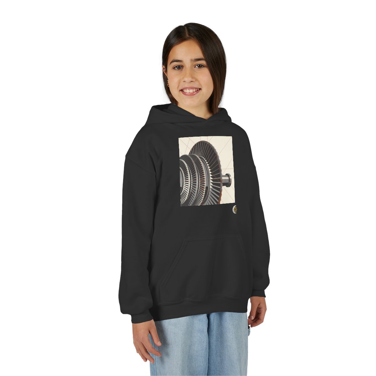 HD Copper Turbine Youth Pullover Hoodie in Black, front view on a model.