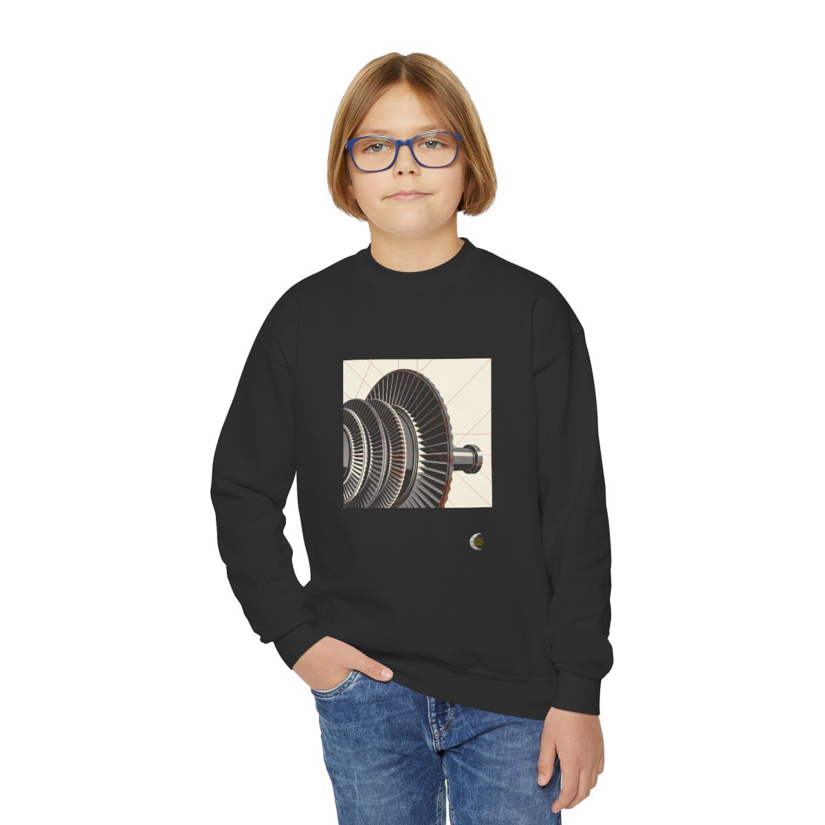 HD Copper Turbine Youth Crewneck Sweatshirt in Black, front view on a model.