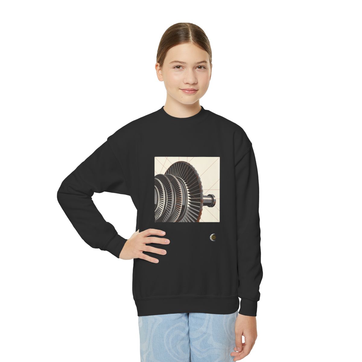 HD Copper Turbine Youth Crewneck Sweatshirt in Black, front view on a model.
