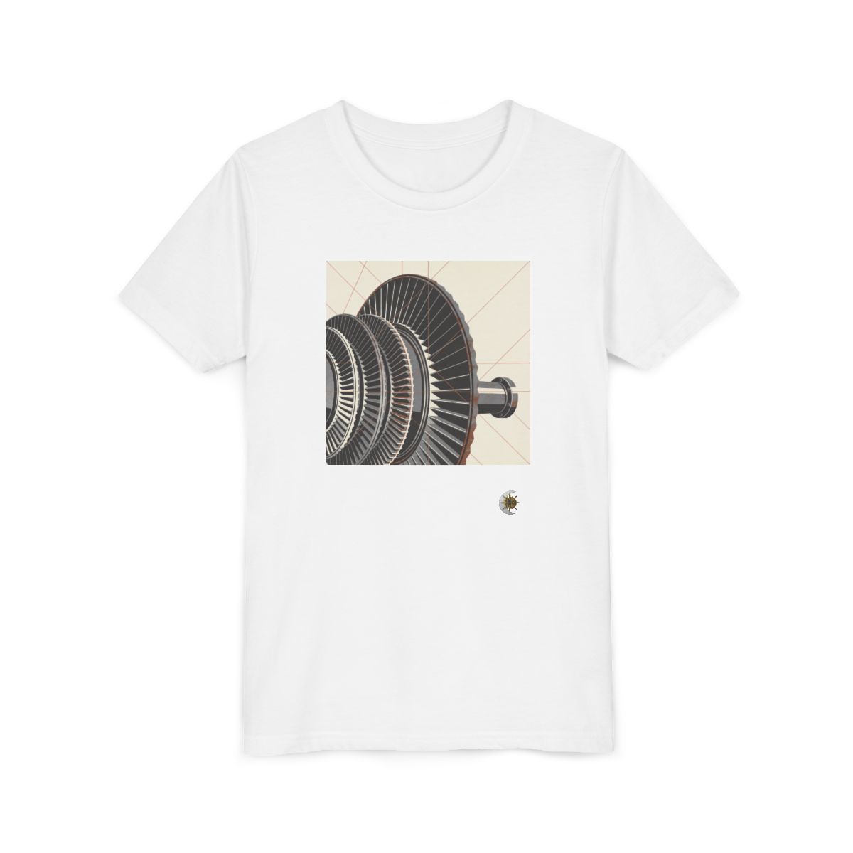 HD Copper Turbine Youth Short Sleeve Tee in White, front view laid flat.