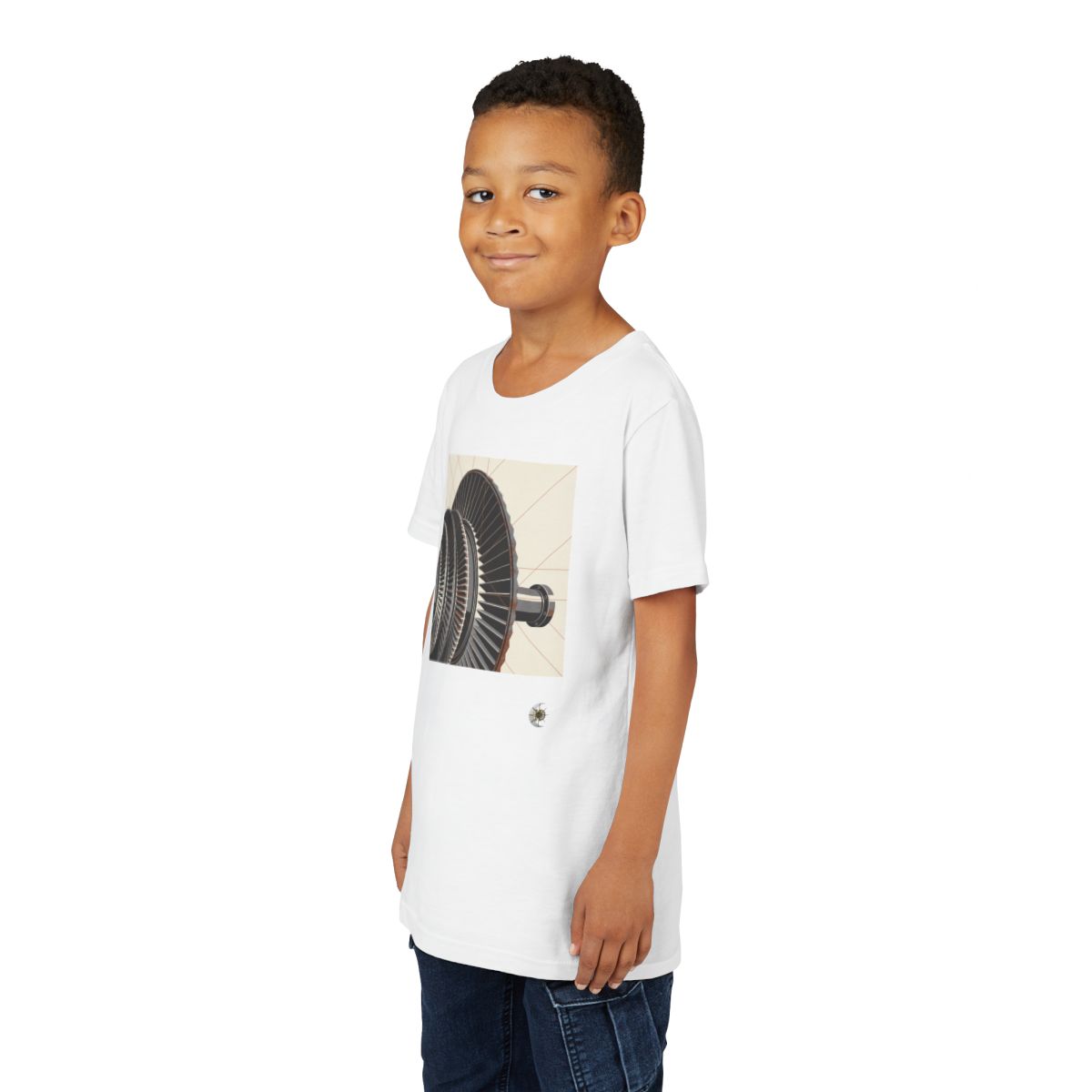 HD Copper Turbine Youth Short Sleeve Tee in White, front view on a model.