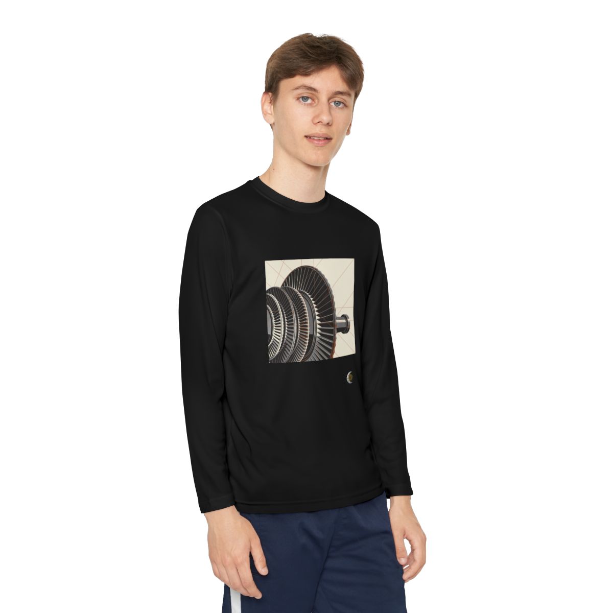 HD Copper Turbine Youth Long Sleeve Competitor Tee in Black, front view on a model.