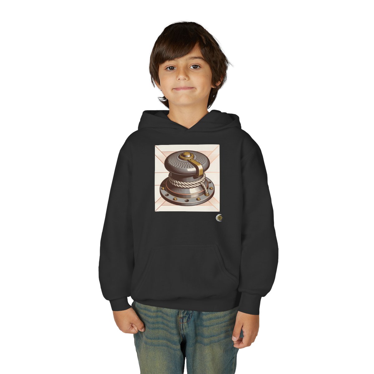 HD Harbor Mechanism Youth Pullover Hoodie in Black, front view on a model.