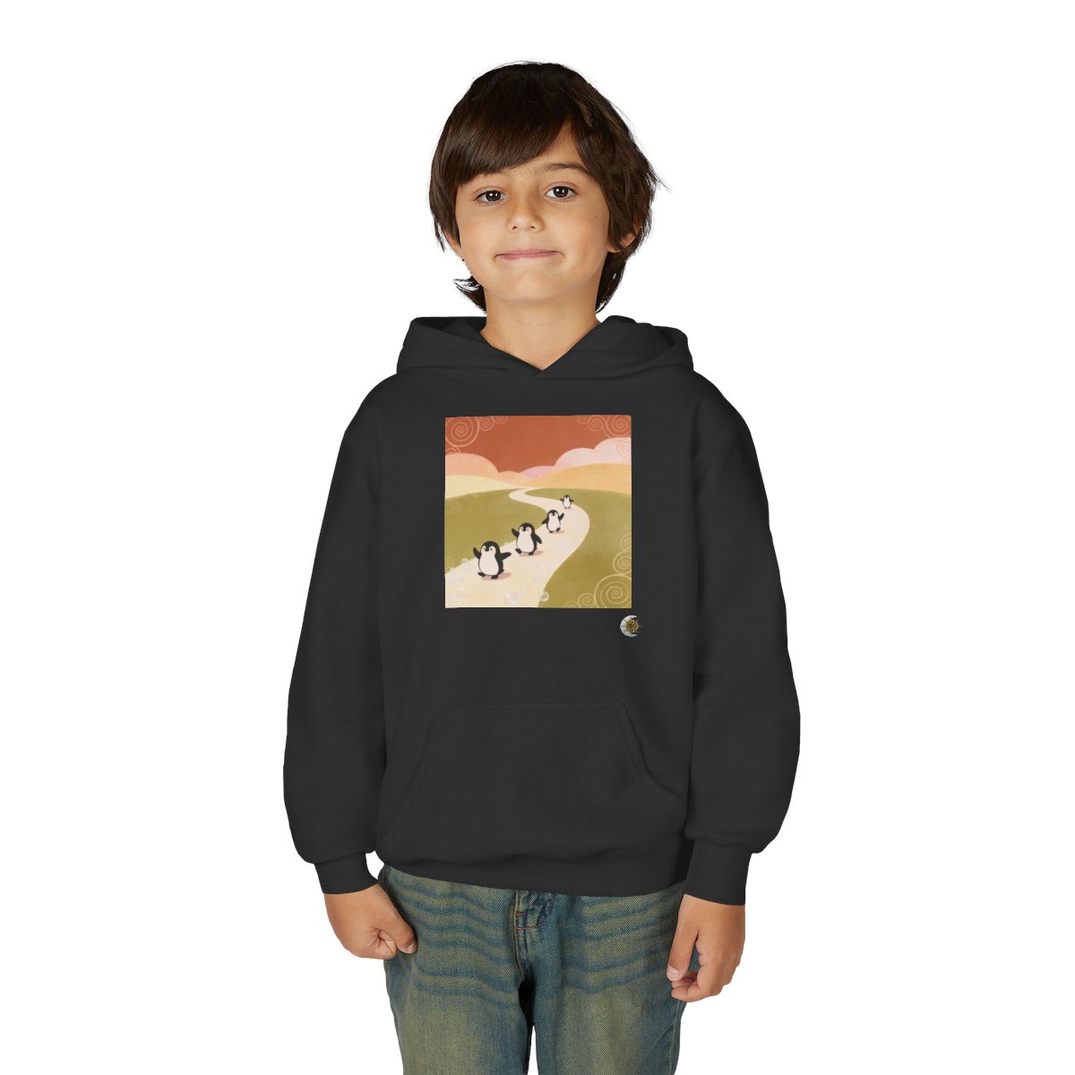 HD Ambertrail Penguins Youth Pullover Hoodie in Black, front view on a model.