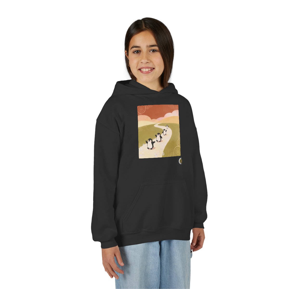HD Ambertrail Penguins Youth Pullover Hoodie in Black, front view on a model.