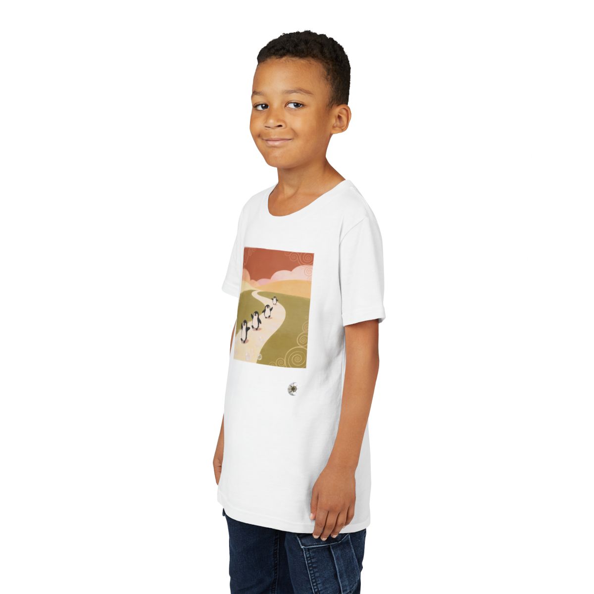 HD Ambertrail Penguins Youth Short Sleeve Tee in White, front view on a model.