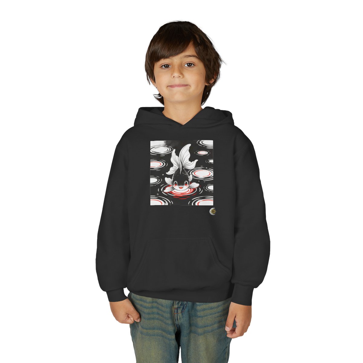 HD Ripplefin Friend Youth Pullover Hoodie in Black, front view on a model.